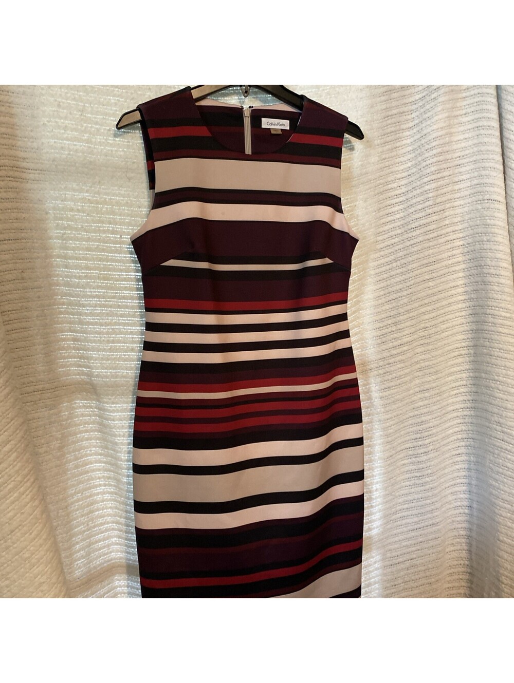 NWT CALVIN KLEIN BEIGE, BURGENDY RED STRIPED DRESS 8